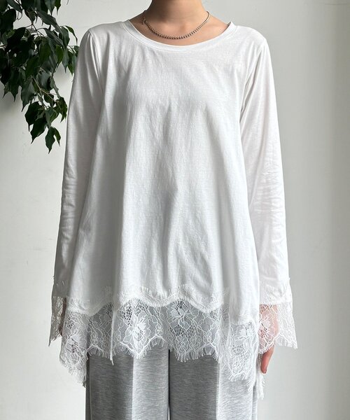 DouDou（ドゥドゥ）の「ヘムレースロンTEE（Tシャツ/カットソー・レディース・オフホワイト/グレー/ブラック・FREE）」の16枚目の写真