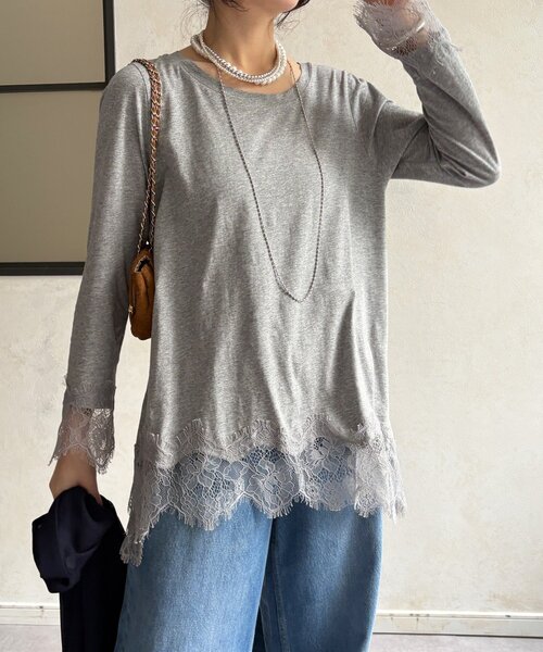 DouDou（ドゥドゥ）の「ヘムレースロンTEE（Tシャツ/カットソー・レディース・オフホワイト/グレー/ブラック・FREE）」の19枚目の写真