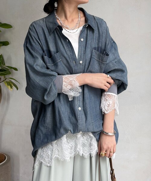 DouDou（ドゥドゥ）の「ヘムレースロンTEE（Tシャツ/カットソー・レディース・オフホワイト/グレー/ブラック・FREE）」の4枚目の写真