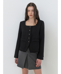 Button Square Tweed Jacket, Black