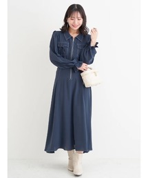 Re-J&SUPURE（リジェイアンドスプル）の「【大きいサイズ】ポケットリボンハーフZIPワンピース（無地・花柄）（ワンピース）」