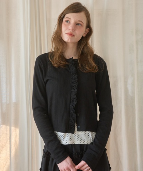 45R 異素材　フリルカシュクールカーディガン　3 生成り　ボレロ　ガーゼ リブフリルカーディガン/Rib frill cardigan（カーディガン/ボレロ
