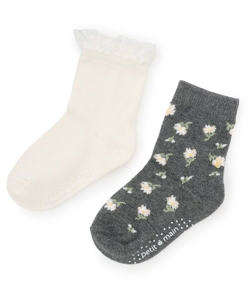 petit main（プティマイン）の「花柄クルーソックス2P（ソックス/靴下・キッズ・オフホワイト/ラベンダー/チャコール・S(13-15cm)/M(16-18cm)/L(18-20cm)/11-13cm）」の2枚目の写真