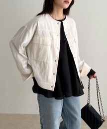 fredy emue | ニュアンスデニムノーカラージャケット(ノーカラージャケット)