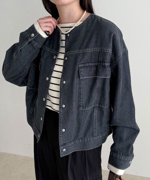 fredy emue（フレディエミュ）の「ニュアンスデニムノーカラージャケット（ノーカラージャケット・レディース・ブラック/アイボリー・38）」の15枚目の写真