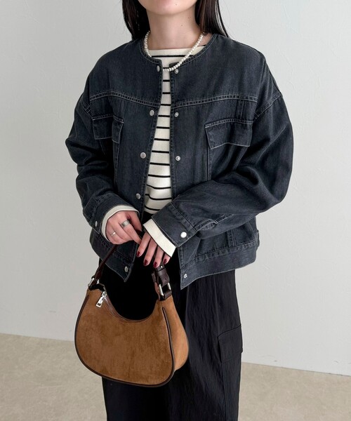 fredy emue（フレディエミュ）の「ニュアンスデニムノーカラージャケット（ノーカラージャケット・レディース・ブラック/アイボリー・38）」の19枚目の写真