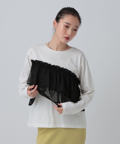 LEPSIM（レプシィム）の「ドット柄ドッキングプルオーバー　647456（Tシャツ/カットソー・レディース・ホワイト×ライム/チャコールグレー・FREE）」の4枚目の写真