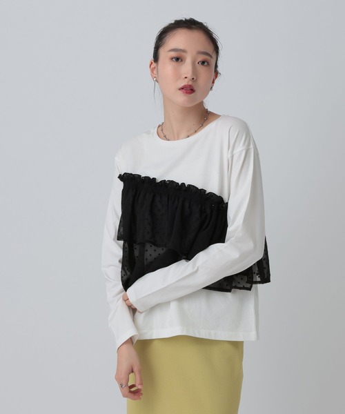 LEPSIM（レプシィム）の「ドット柄ドッキングプルオーバー　647456（Tシャツ/カットソー・レディース・ホワイト×ライム/チャコールグレー・FREE）」の3枚目の写真