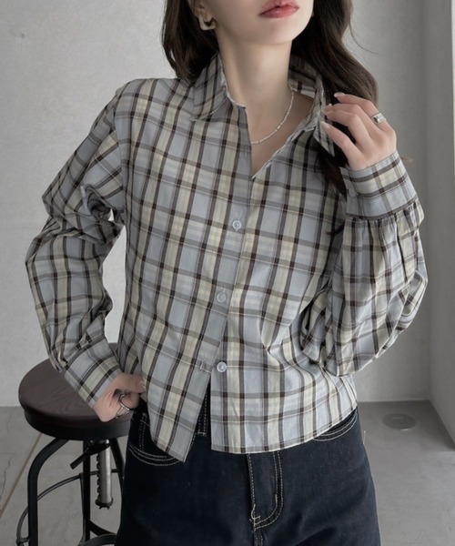 TREOVER(トレオーバー)の「抜け感たっぷりなショート丈チェックシャツ(シャツ/ブラウス・レディース・オフホワイト/ピンク/ブラウン/ブルー・FREE)」の18枚目の写真