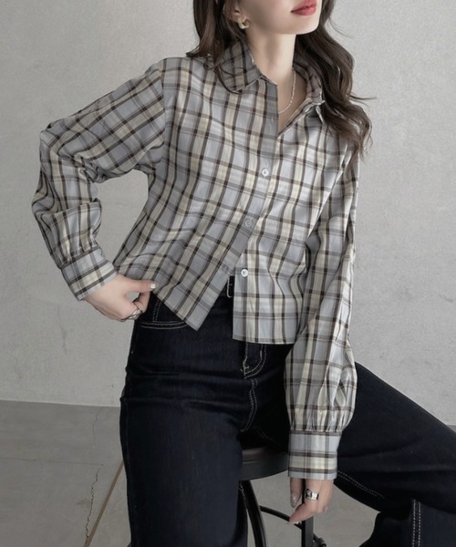 TREOVER(トレオーバー)の「抜け感たっぷりなショート丈チェックシャツ(シャツ/ブラウス・レディース・オフホワイト/ピンク/ブラウン/ブルー・FREE)」の19枚目の写真