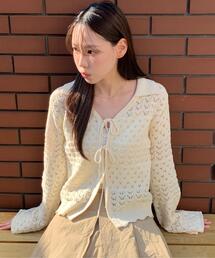 ◆透かし編み襟付きニットカーディガン