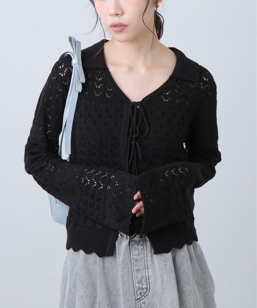 FREE'S MART（フリーズマート）の「◆透かし編み襟付きニットカーディガン（ニット/セーター・レディース・ブラウン/ホワイト/ブルー/ブラック・FREE）」の5枚目の写真