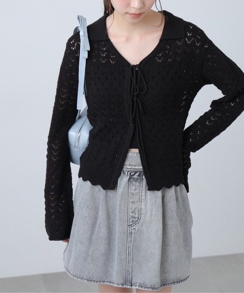 FREE'S MART（フリーズマート）の「◆透かし編み襟付きニットカーディガン（ニット/セーター・レディース・ブラウン/ホワイト/ブルー/ブラック・FREE）」の6枚目の写真