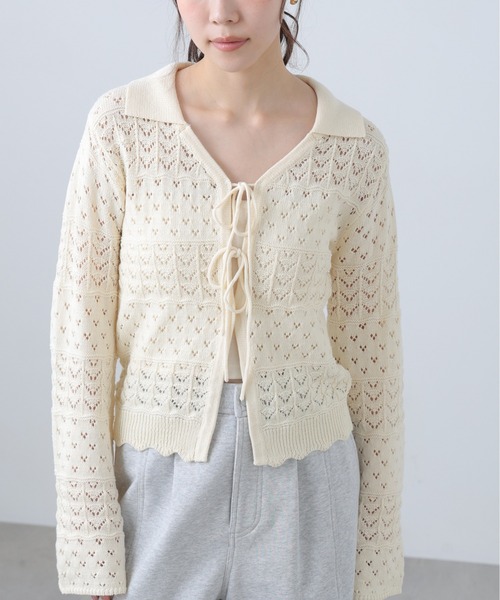 FREE'S MART（フリーズマート）の「◆透かし編み襟付きニットカーディガン（ニット/セーター・レディース・ブラウン/ホワイト/ブルー/ブラック・FREE）」の12枚目の写真