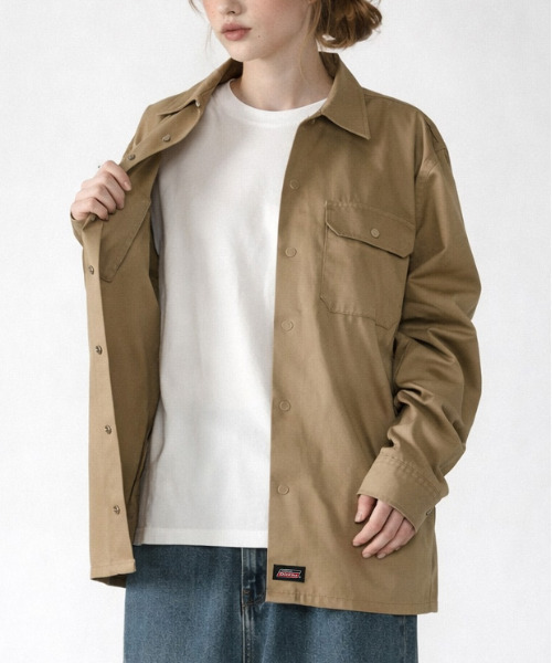 Dickies(ディッキーズ)の「【neos】GENUINE DICKIES ジェニュイン ディッキーズ ルーズシルエット ワンポイント ロゴ ツイル ワークシャツ(シャツ/ブラウス・メンズ・ベージュ/ブラック/カーキ/チャコールグレー・MEDIUM/LARGE/X-LARGE)」の3枚目の写真