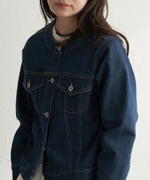 ノーカラーストレッチデニムジャケット