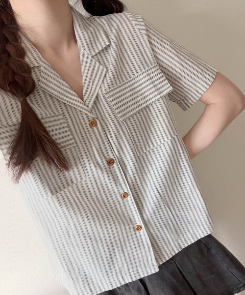 Nana(ナナ)の「ダブルポケットストライプ開襟シャツ(シャツ/ブラウス・レディース・アイボリー/インディゴブルー・FREE)」の5枚目の写真