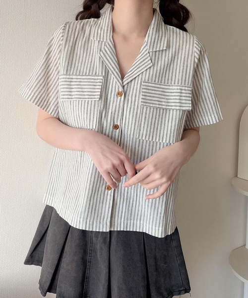 Nana(ナナ)の「ダブルポケットストライプ開襟シャツ(シャツ/ブラウス・レディース・アイボリー/インディゴブルー・FREE)」の7枚目の写真