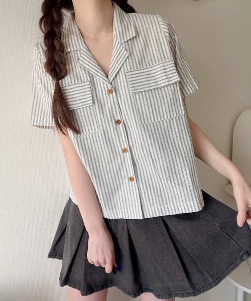 Nana(ナナ)の「ダブルポケットストライプ開襟シャツ(シャツ/ブラウス・レディース・アイボリー/インディゴブルー・FREE)」の8枚目の写真