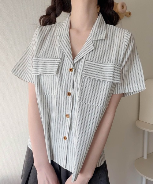 Nana(ナナ)の「ダブルポケットストライプ開襟シャツ(シャツ/ブラウス・レディース・アイボリー/インディゴブルー・FREE)」の12枚目の写真
