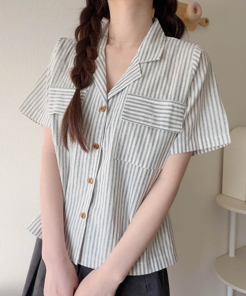 Nana(ナナ)の「ダブルポケットストライプ開襟シャツ(シャツ/ブラウス・レディース・アイボリー/インディゴブルー・FREE)」の13枚目の写真