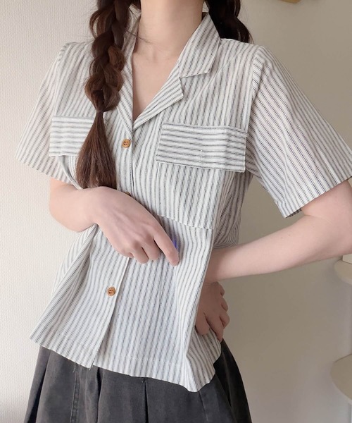 Nana(ナナ)の「ダブルポケットストライプ開襟シャツ(シャツ/ブラウス・レディース・アイボリー/インディゴブルー・FREE)」の14枚目の写真