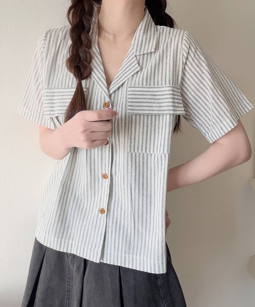 Nana(ナナ)の「ダブルポケットストライプ開襟シャツ(シャツ/ブラウス・レディース・アイボリー/インディゴブルー・FREE)」の18枚目の写真