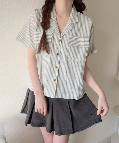 Nana(ナナ)の「ダブルポケットストライプ開襟シャツ(シャツ/ブラウス・レディース・アイボリー/インディゴブルー・FREE)」の22枚目の写真