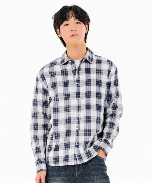 CHASECULT（チェイスカルト）の「共用ポプリンチェックシャツ-FARU5412B04（シャツ/ブラウス・メンズ・ネイビー・90/100/95/105）」の3枚目の写真