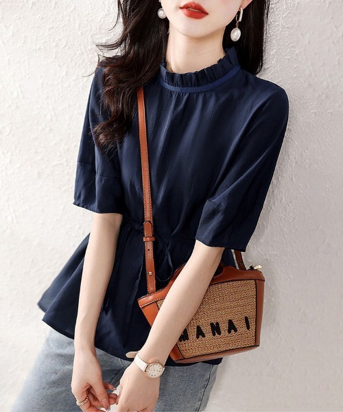 ONEP STAR（ワンピスター）の「ウエストマーク×フリルネックブラウス（シャツ/ブラウス・レディース・ネイビー・MEDIUM/X-LARGE/LARGE）」の3枚目の写真