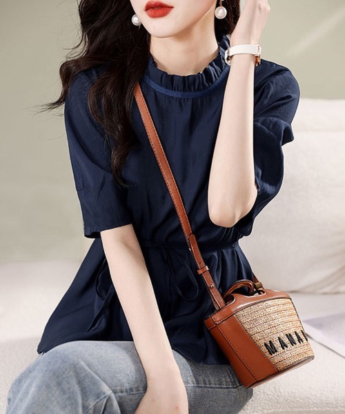 ONEP STAR（ワンピスター）の「ウエストマーク×フリルネックブラウス（シャツ/ブラウス・レディース・ネイビー・MEDIUM/X-LARGE/LARGE）」の4枚目の写真