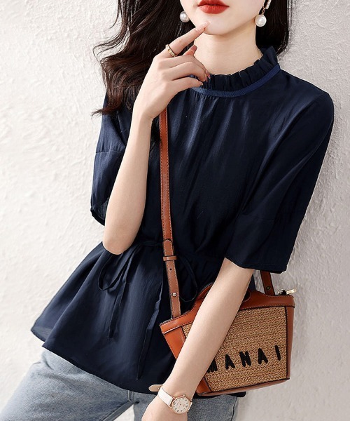 ONEP STAR（ワンピスター）の「ウエストマーク×フリルネックブラウス（シャツ/ブラウス・レディース・ネイビー・MEDIUM/X-LARGE/LARGE）」の5枚目の写真