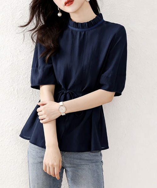 ONEP STAR（ワンピスター）の「ウエストマーク×フリルネックブラウス（シャツ/ブラウス・レディース・ネイビー・MEDIUM/X-LARGE/LARGE）」の8枚目の写真