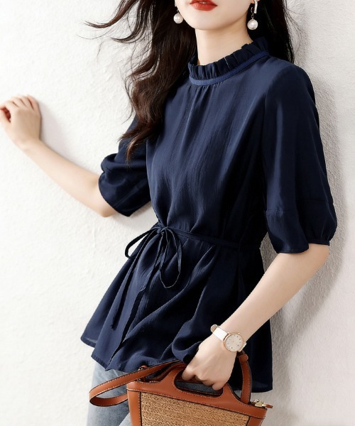 ONEP STAR（ワンピスター）の「ウエストマーク×フリルネックブラウス（シャツ/ブラウス・レディース・ネイビー・MEDIUM/X-LARGE/LARGE）」の9枚目の写真