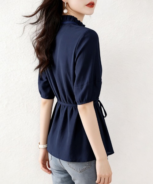 ONEP STAR（ワンピスター）の「ウエストマーク×フリルネックブラウス（シャツ/ブラウス・レディース・ネイビー・MEDIUM/X-LARGE/LARGE）」の10枚目の写真