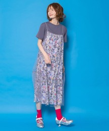 ScoLar | 161666：総柄ベロア×ストライプ柄チュールキャミワンピ(ワンピース)