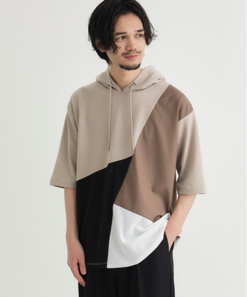 Right-on(ライトオン)の「PLUS ONE(プラスワン)ポンチ切替5分袖Tパーカー(Tシャツ/カットソー・メンズ・ホワイト/ブラック/ベージュ・M/L/XL/S)」の1枚目の写真