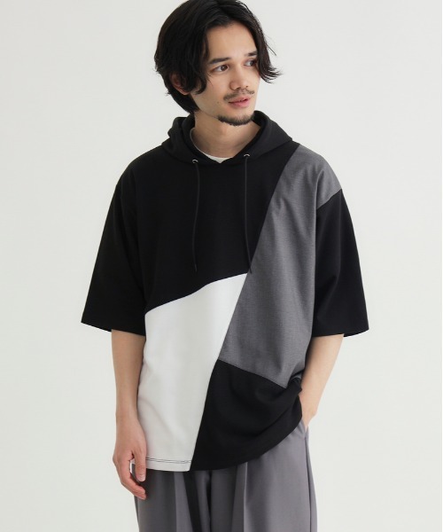 Right-on(ライトオン)の「PLUS ONE(プラスワン)ポンチ切替5分袖Tパーカー(Tシャツ/カットソー・メンズ・ホワイト/ブラック/ベージュ・M/L/XL/S)」の3枚目の写真