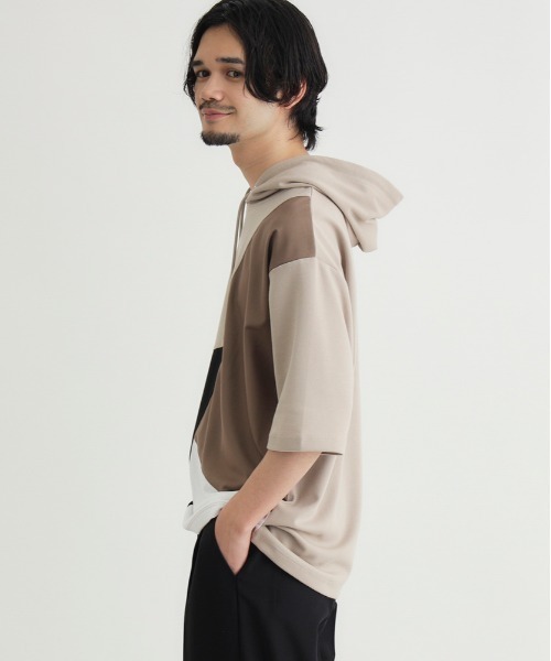 Right-on(ライトオン)の「PLUS ONE(プラスワン)ポンチ切替5分袖Tパーカー(Tシャツ/カットソー・メンズ・ホワイト/ブラック/ベージュ・M/L/XL/S)」の5枚目の写真
