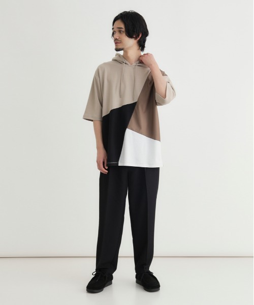 Right-on(ライトオン)の「PLUS ONE(プラスワン)ポンチ切替5分袖Tパーカー(Tシャツ/カットソー・メンズ・ホワイト/ブラック/ベージュ・M/L/XL/S)」の7枚目の写真