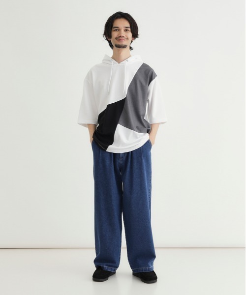 Right-on(ライトオン)の「PLUS ONE(プラスワン)ポンチ切替5分袖Tパーカー(Tシャツ/カットソー・メンズ・ホワイト/ブラック/ベージュ・M/L/XL/S)」の8枚目の写真