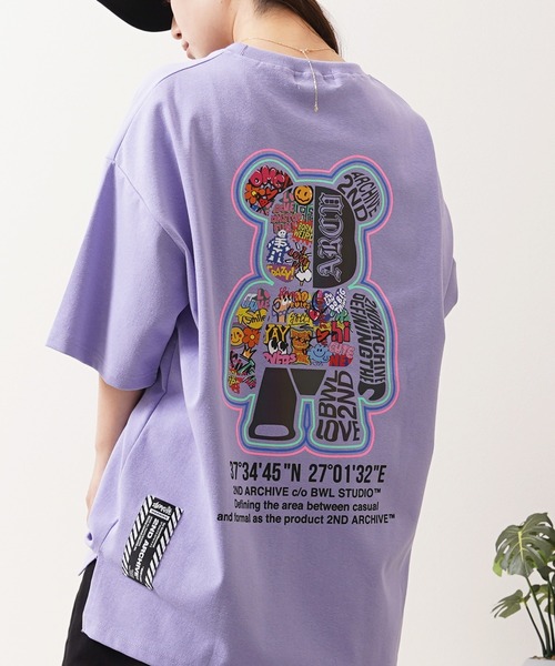 1111clothing(ワンフォークロージング)の「【2ND ARCHIVE】総柄ベア オーバーサイズ リフレクター 半袖Tシャツ / ビッグシルエット / ユニセックス(Tシャツ/カットソー・メンズ・パープル/ホワイト/ブラック/ピンク・FREE)」の4枚目の写真