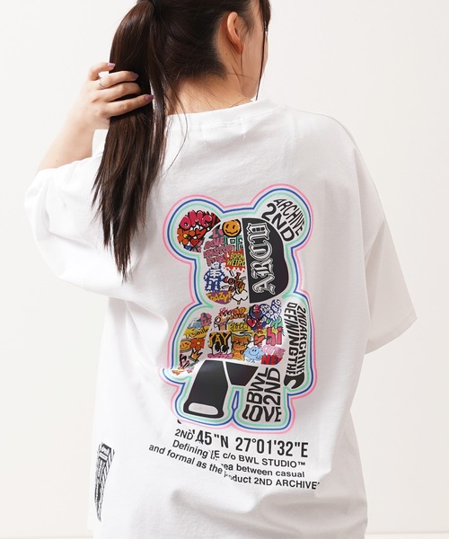 1111clothing(ワンフォークロージング)の「【2ND ARCHIVE】総柄ベア オーバーサイズ リフレクター 半袖Tシャツ / ビッグシルエット / ユニセックス(Tシャツ/カットソー・メンズ・パープル/ホワイト/ブラック/ピンク・FREE)」の2枚目の写真