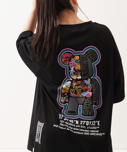 1111clothing(ワンフォークロージング)の「【2ND ARCHIVE】総柄ベア オーバーサイズ リフレクター 半袖Tシャツ / ビッグシルエット / ユニセックス(Tシャツ/カットソー・メンズ・パープル/ホワイト/ブラック/ピンク・FREE)」の3枚目の写真