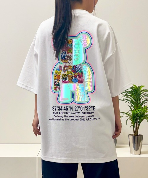 1111clothing(ワンフォークロージング)の「【2ND ARCHIVE】総柄ベア オーバーサイズ リフレクター 半袖Tシャツ / ビッグシルエット / ユニセックス(Tシャツ/カットソー・メンズ・パープル/ホワイト/ブラック/ピンク・FREE)」の5枚目の写真