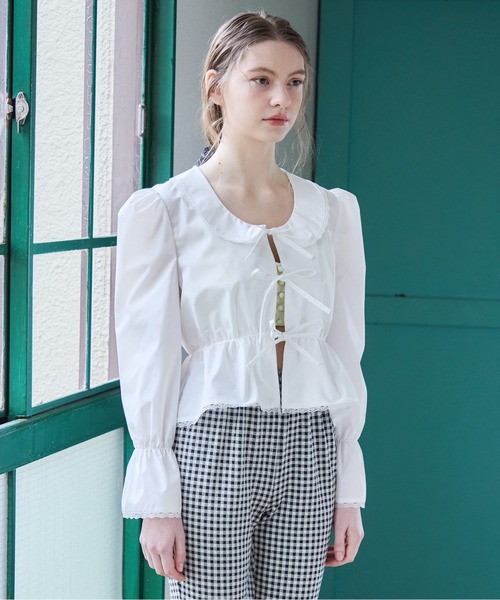 シャツ+ブラウス(長袖+七分) Cotton-Blend Big Ribbon Blouse フロントリボンブラウス / Front ribbon blouse（シャツ/ブラウス