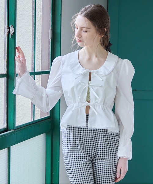シャツ+ブラウス(長袖+七分) ribbon blouse. フロントリボンブラウス / Front ribbon blouse（シャツ/ブラウス