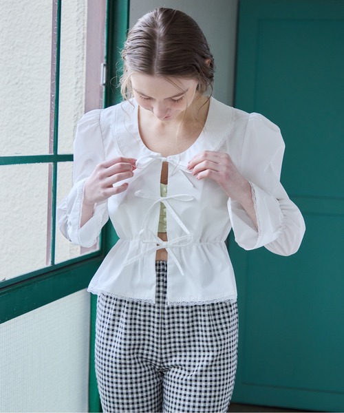 シャツ/ブラウス(長袖/七分) Desir original 2way ribbon blouse COFREX】 スタンド ビジューブラウス 七分袖 レディースデザインシャツ