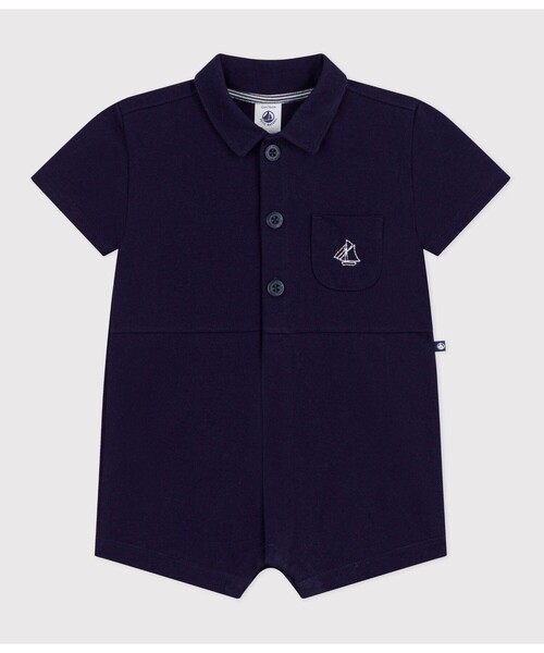 PETIT BATEAU(プチバトー)の「ポロ衿ショートロンパース(ロンパース・キッズ・ブルー・12MONTH/18MONTH/24MONTH)」の1枚目の写真