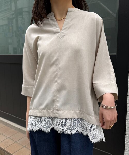 Jena espace merveilleux(ジェナ エスパスメルヴェイユ)の「【着るだけなのに、サマになる】リネンライク裾レースブラウス(シャツ/ブラウス・レディース・ネイビー/ベージュ/アイボリー・FREE)」の5枚目の写真
